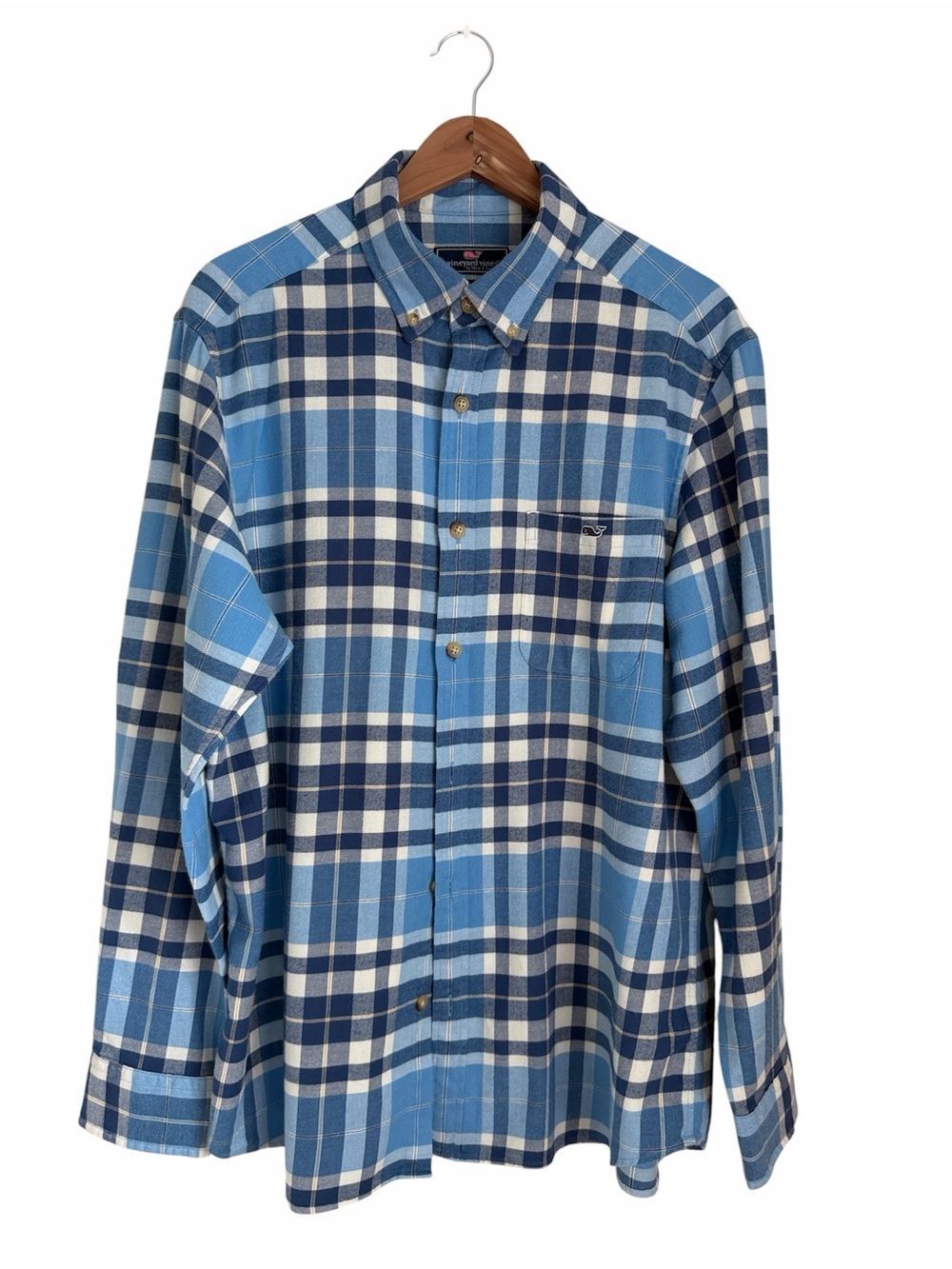 Vineyard Vines Mens L Classic Fit Blue Plaid Flannel Button Down Shirt Cotton